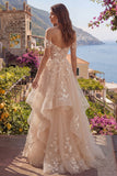 Off The Shoulder Champagne Ruffled A Line Corset Long Prom Dress with 3D Flowers