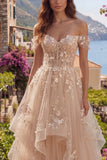 Off The Shoulder Champagne Ruffled A Line Corset Long Prom Dress with 3D Flowers