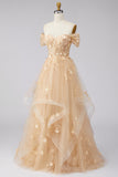 Off The Shoulder Champagne Ruffled A Line Corset Long Prom Dress with 3D Flowers