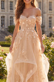 Off The Shoulder Champagne Ruffled A Line Corset Long Prom Dress with 3D Flowers