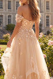 Off The Shoulder Champagne Ruffled A Line Corset Long Prom Dress with 3D Flowers
