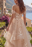 Off The Shoulder Champagne Ruffled A Line Corset Long Prom Dress with 3D Flowers