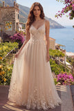 Champagne A Line Tulle 3D Flowers Spaghetti Straps Long Prom Dress