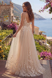 Champagne A Line Tulle 3D Flowers Spaghetti Straps Long Prom Dress