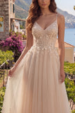 Champagne A Line Tulle 3D Flowers Spaghetti Straps Long Prom Dress