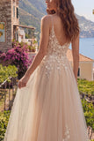 Champagne A Line Tulle 3D Flowers Spaghetti Straps Long Prom Dress