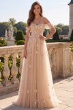 Champagne A Line Off The Shoulder Long Corset Prom Dress with 3D Flowers