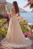 Champagne A Line Off The Shoulder Long Corset Prom Dress with 3D Flowers