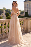 Champagne A Line Off The Shoulder Long Corset Prom Dress with 3D Flowers