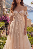 Champagne A Line Off The Shoulder Long Corset Prom Dress with 3D Flowers