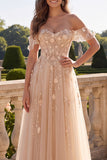 Champagne A Line Off The Shoulder Long Corset Prom Dress with 3D Flowers