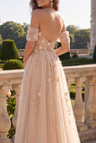 Champagne A Line Off The Shoulder Long Corset Prom Dress with 3D Flowers
