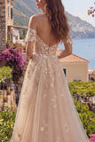 Champagne A Line Off The Shoulder Long Corset Prom Dress with 3D Flowers