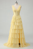 Butter Yellow A-Line V-Neck Corset Tiered Ruched Maxi Chiffon Dress with Slit