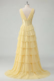 Butter Yellow A-Line V-Neck Corset Tiered Ruched Maxi Chiffon Dress with Slit