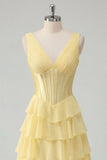 Butter Yellow A-Line V-Neck Corset Tiered Ruched Maxi Chiffon Dress with Slit