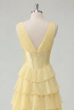 Butter Yellow A-Line V-Neck Corset Tiered Ruched Maxi Chiffon Dress with Slit