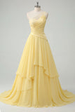 One Shoulder Chiffon Butter Yellow A-Line Ruched Maxi Dress