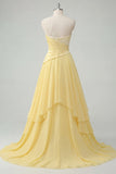One Shoulder Chiffon Butter Yellow A-Line Ruched Maxi Dress