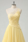 One Shoulder Chiffon Butter Yellow A-Line Ruched Maxi Dress