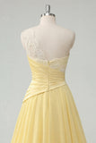 One Shoulder Chiffon Butter Yellow A-Line Ruched Maxi Dress