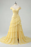 Off the Shoulder Butter Yellow A-Line Ruched Tiered Chiffon Maxi Dress with Slit