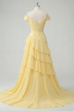 Off the Shoulder Butter Yellow A-Line Ruched Tiered Chiffon Maxi Dress with Slit