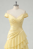 Off the Shoulder Butter Yellow A-Line Ruched Tiered Chiffon Maxi Dress with Slit