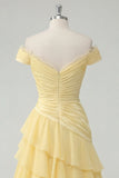 Off the Shoulder Butter Yellow A-Line Ruched Tiered Chiffon Maxi Dress with Slit