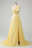 A-Line One Shoulder Chiffon Butter Yellow Ruched Maxi Dress with Slit