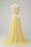 A-Line One Shoulder Chiffon Butter Yellow Ruched Maxi Dress with Slit