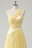 A-Line One Shoulder Chiffon Butter Yellow Ruched Maxi Dress with Slit