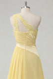 A-Line One Shoulder Chiffon Butter Yellow Ruched Maxi Dress with Slit