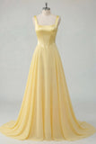 A-Line Butter Yellow Chiffon Square Neck Corset Maxi Dress