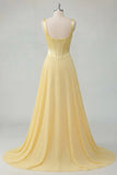 A-Line Butter Yellow Chiffon Square Neck Corset Maxi Dress