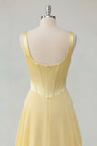 A-Line Butter Yellow Chiffon Square Neck Corset Maxi Dress