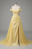 Butter Yellow A-Line Off the Shoulder Ruched Maxi Dress with Slit