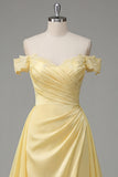 Butter Yellow A-Line Off the Shoulder Ruched Maxi Dress with Slit