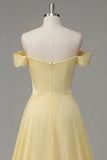 Butter Yellow A-Line Off the Shoulder Ruched Maxi Dress with Slit
