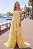 Off the Shoulder Chiffon Butter Yellow A-Line Ruffled Maxi Dress with Slit