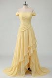 Off the Shoulder Chiffon Butter Yellow A-Line Ruffled Maxi Dress with Slit