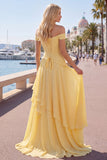 Off the Shoulder Chiffon Butter Yellow A-Line Ruffled Maxi Dress with Slit
