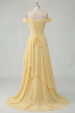 Off the Shoulder Chiffon Butter Yellow A-Line Ruffled Maxi Dress with Slit