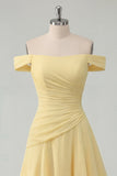 Off the Shoulder Chiffon Butter Yellow A-Line Ruffled Maxi Dress with Slit