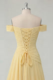 Off the Shoulder Chiffon Butter Yellow A-Line Ruffled Maxi Dress with Slit
