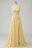 Butter Yellow A-Line One Shoulder Chiffon Ruched Maxi Dress with Slit