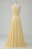 Butter Yellow A-Line One Shoulder Chiffon Ruched Maxi Dress with Slit
