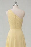 Butter Yellow A-Line One Shoulder Chiffon Ruched Maxi Dress with Slit
