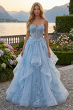 Blue Sweetheart Sheer Corset Princess Long Prom Dress with 3D Flowers