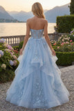 Blue Sweetheart Sheer Corset Princess Long Prom Dress with 3D Flowers